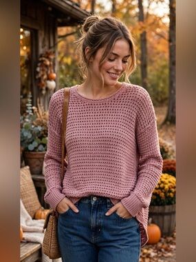Madewell Women’s Medium Dusty Rose Open Knit Relaxed Hi Low Crewneck Sweater